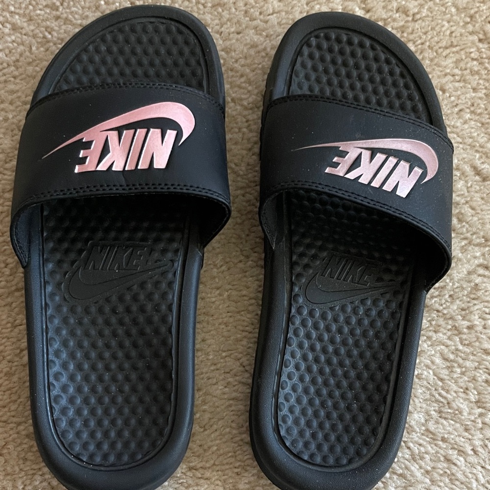 Nike Black Slides with Pink Logo
